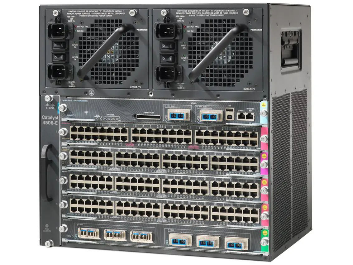 WS-C4506-E Cisco Catalyst 6-и слотовое шасси модульного сетевого коммутатора. 10U, без БП WS-C4506-E Cisco Catalyst 6-и слотовое шасси модульного сетевого коммутатора. 10U, без БП