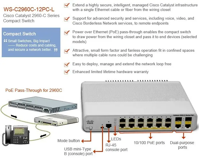 Коммутатор Cisco Catalyst, 12 x FE (PoE), 2 x GE/SFP, LAN Base WS-C2960C-12PC-L Коммутатор Cisco Catalyst, 12 x FE (PoE), 2 x GE/SFP, LAN Base WS-C2960C-12PC-L