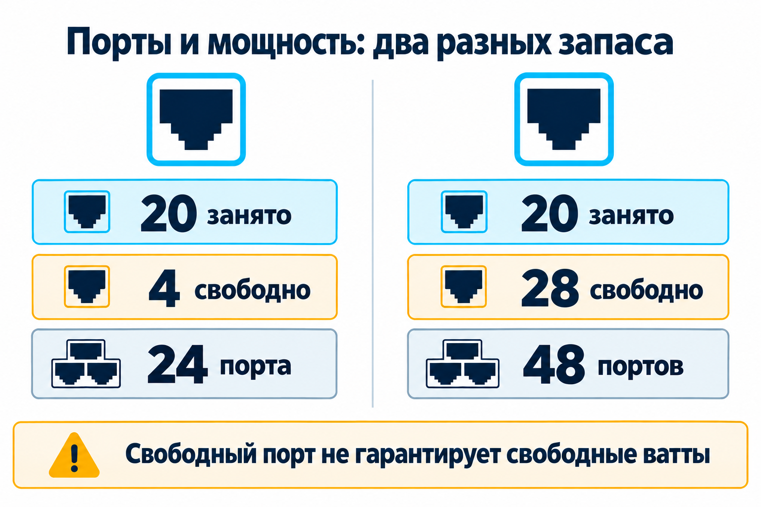 При 20 занятых портах у 24-портового коммутатора остаётся 4, у 48-портового — 28